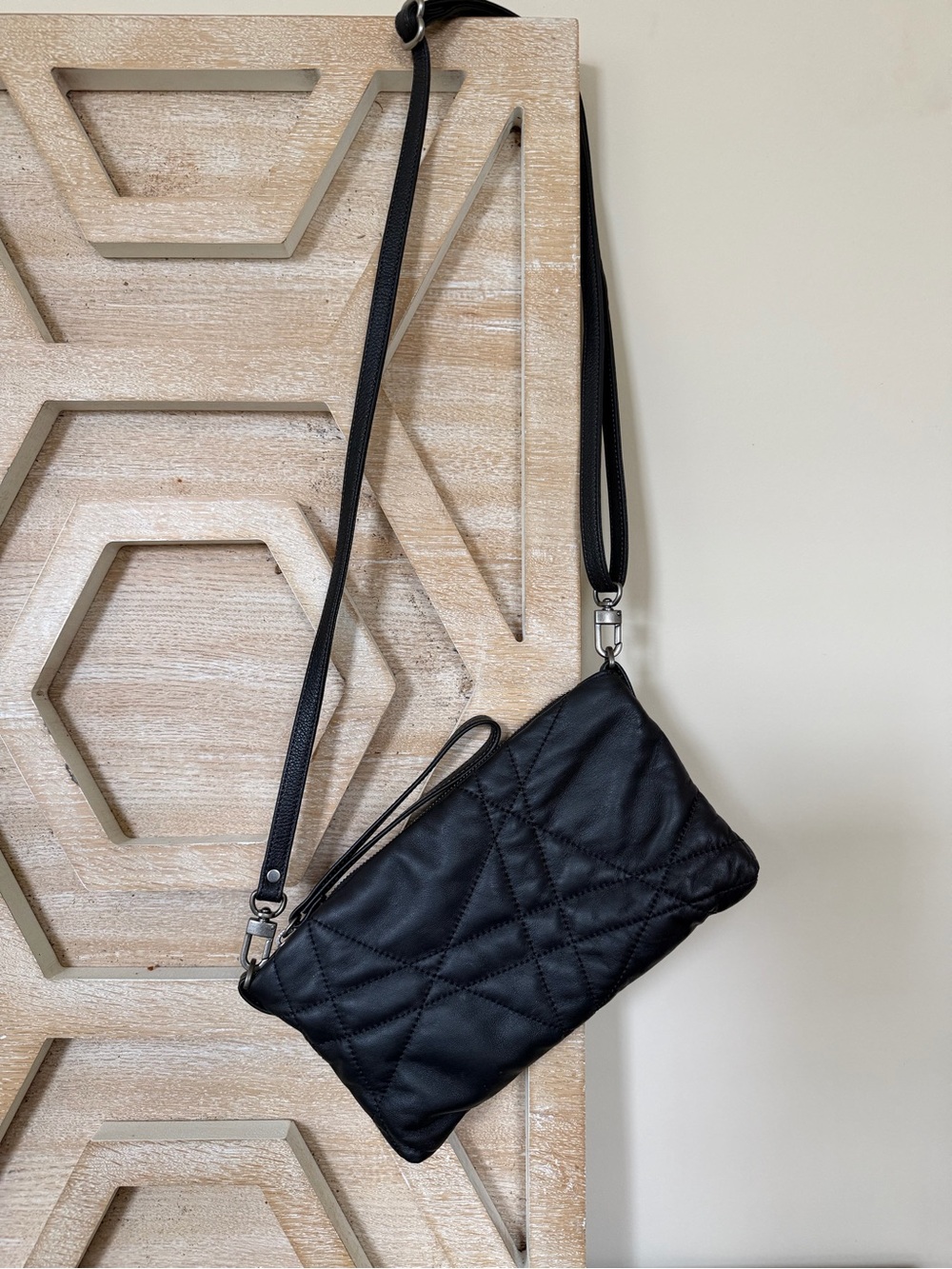 Just in Rough & Tumble limited traveler Black leather quilted Crossbody wristlet